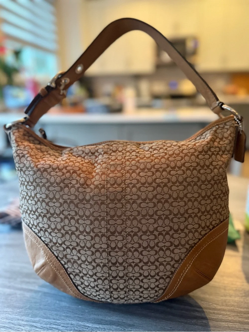 Coach Brown Signature Canvas Shoulder Bag with Tan Leather Trim